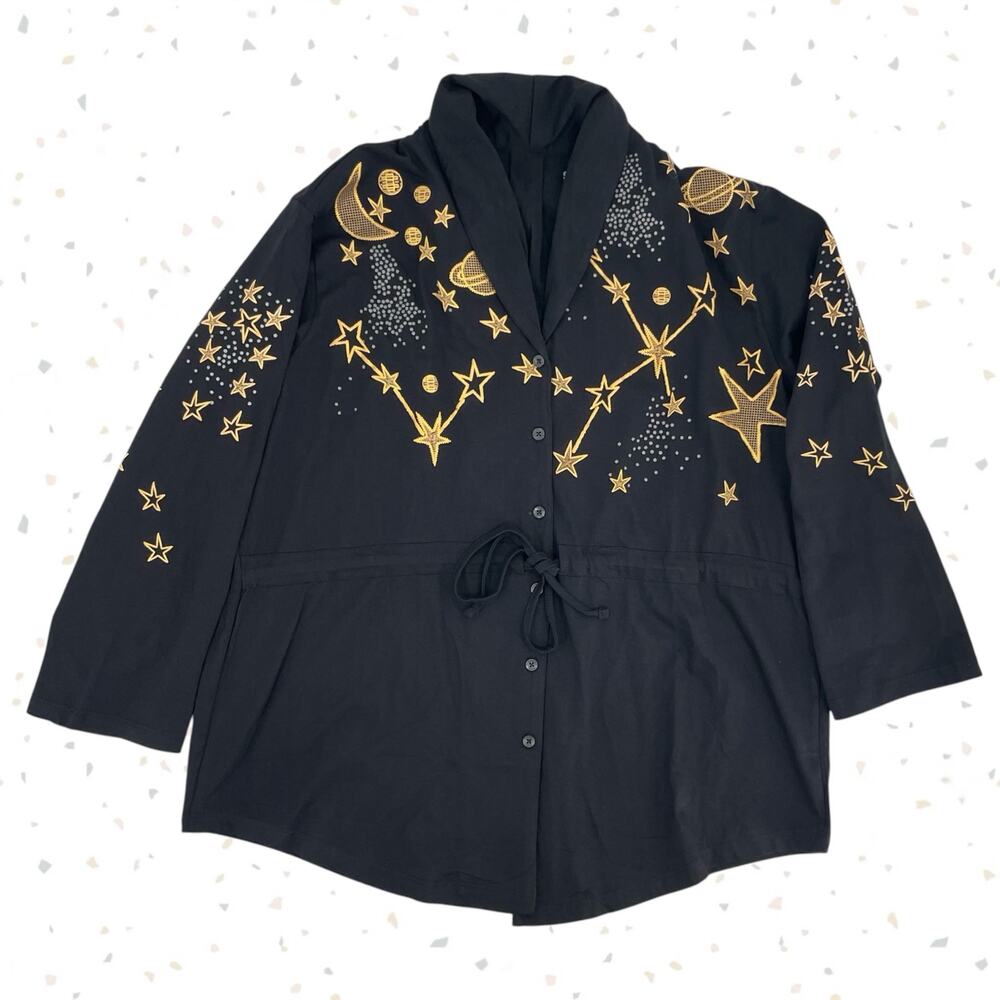 Svaha Gold Stars Space Black Blouse Top STEM Teacher Shirt Embroidered Size XL